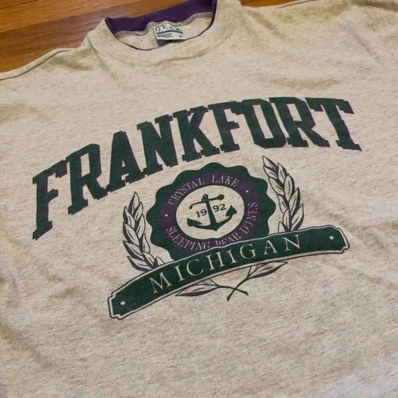 VTG 90s Gear for Sports Frankfort Michigan crest rainbow flecked tshirt L USA - Picture 2 of 8